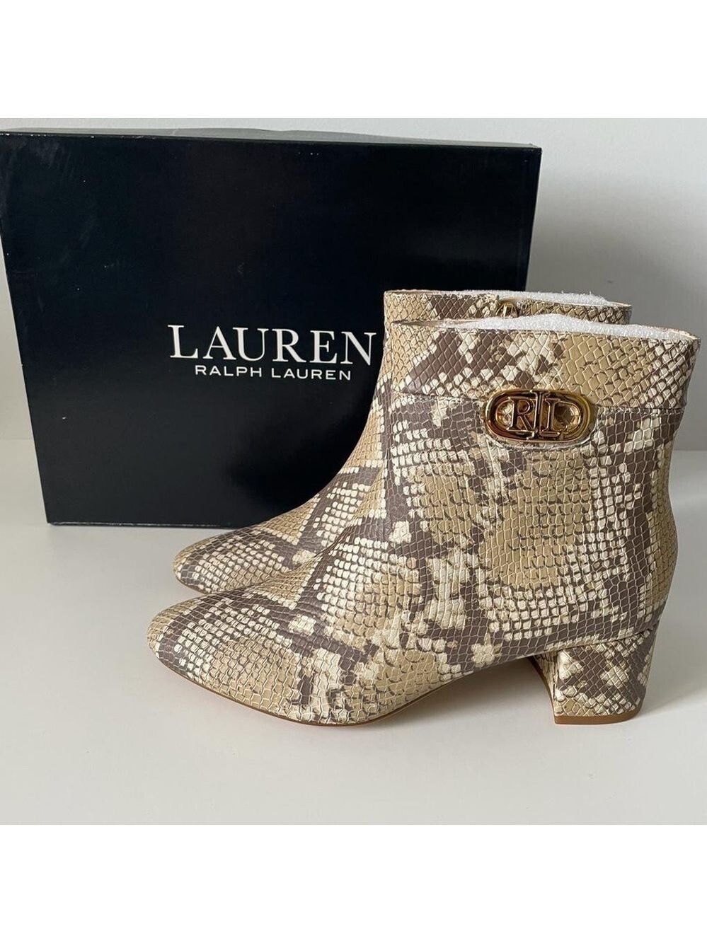 Nib Ralph Lauren Wynne II Python Embossed Leather Block Heel Booties Boots - Picture 11 of 16